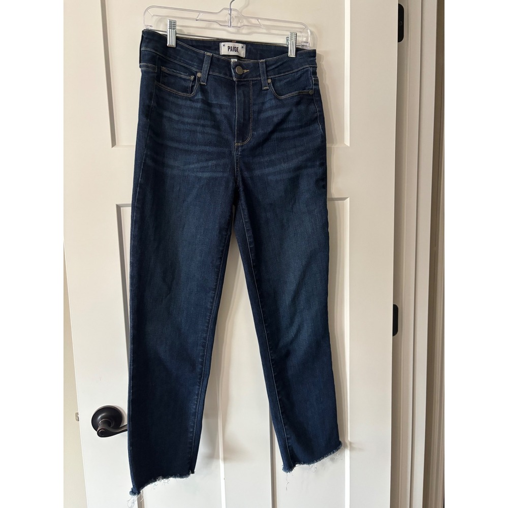 Paige Hoxton Straight Ankle Jeans Womens 28 High Rise Dark Wash Raw Hem Denim